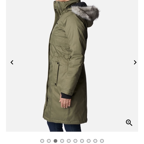 Columbia Women’s Apres Arson Winter Long Down Jacket. Color: Stone Green - Picture 3 of 6